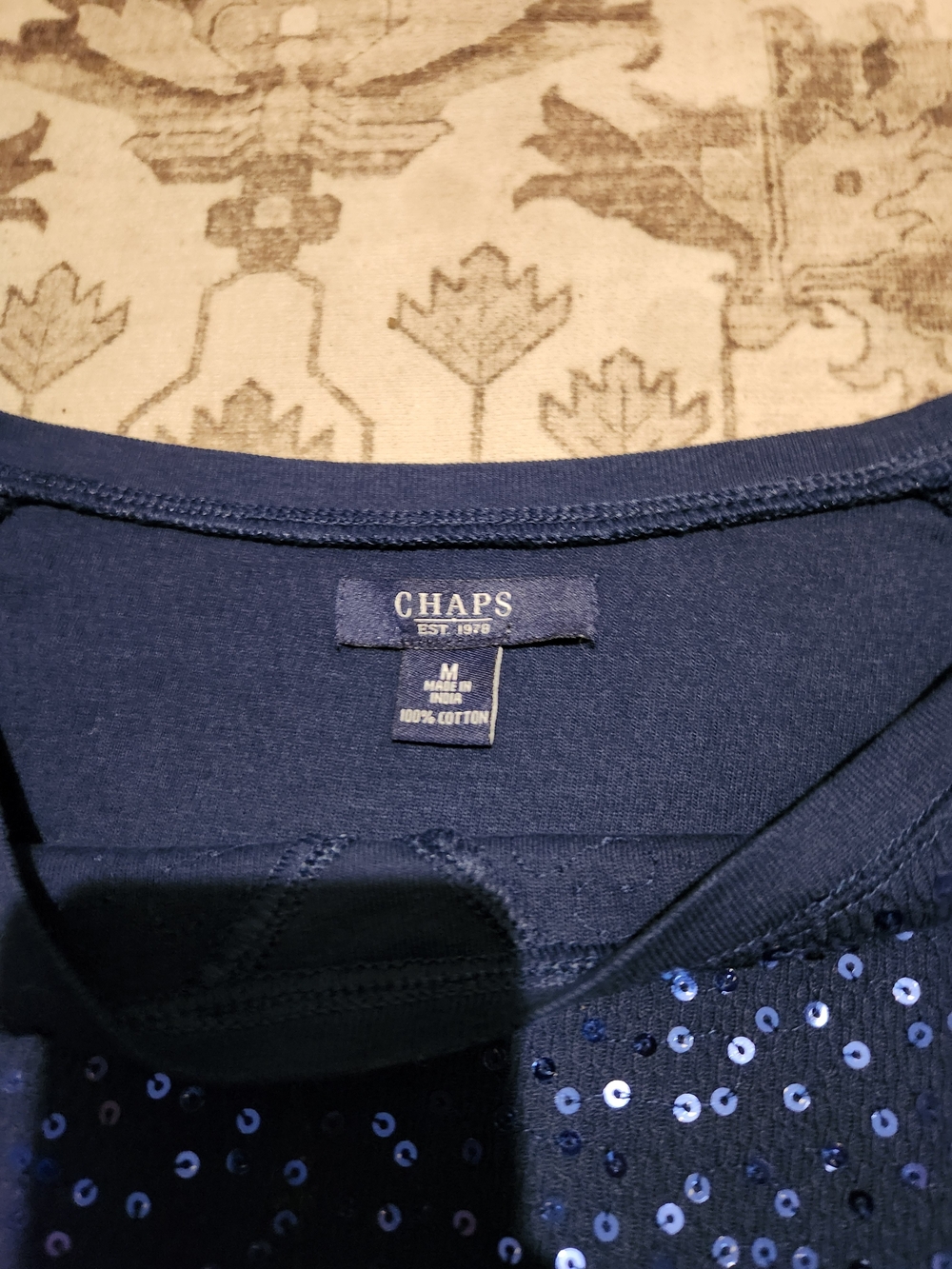 Chaps Navy Sequin Raglan Pullover Top - Picture 2 of 4